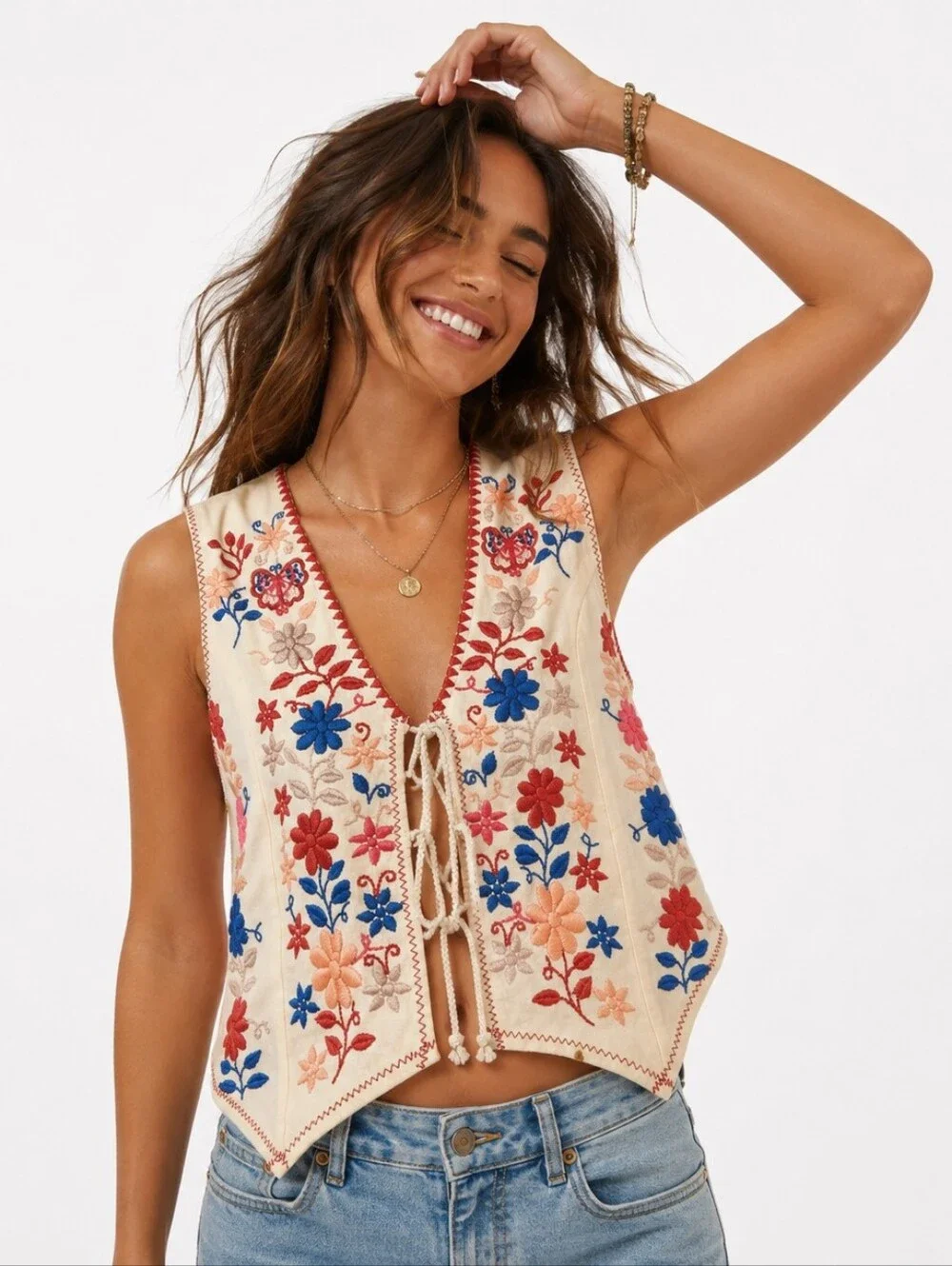Free People In Bloom Embroidered Lace Up Vest Top Ivory M Boho Festival